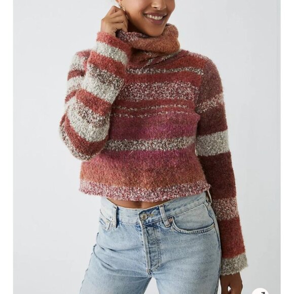 Free People My Girl Turtleneck Striped Wool Blend Cowl Neck Sweater Size Small - Picture 1 of 15
